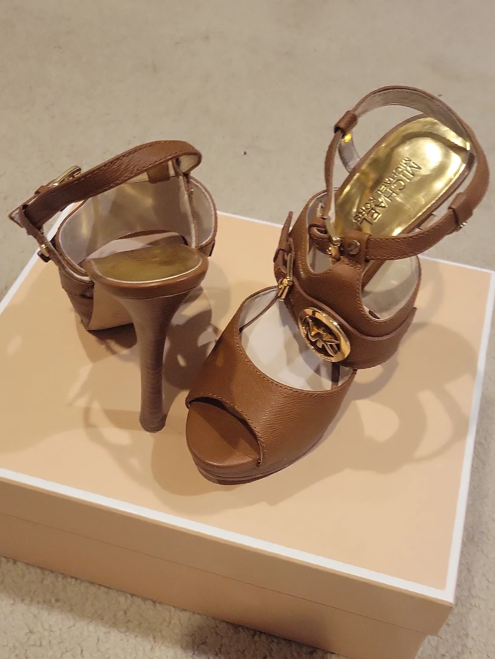 Michael Kors Tan Leather Platform High Heel Sandals with Gold Logo - Picture 2 of 2
